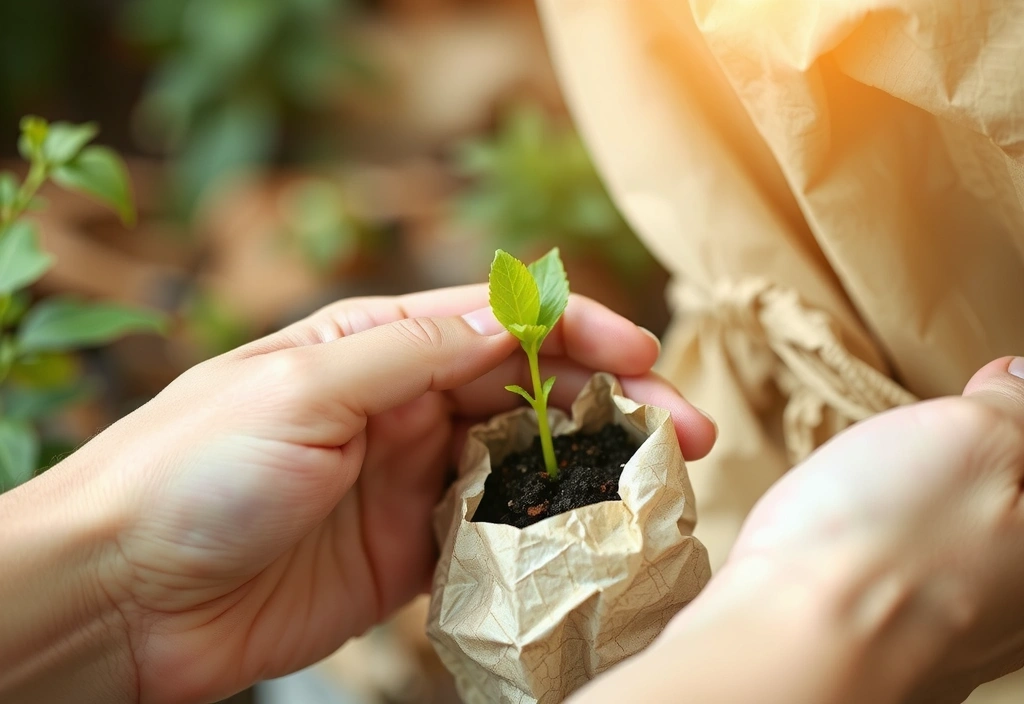 Hands holding a plant sprout in biodegradable packaging, symbolizing sustainability and eco-friendliness