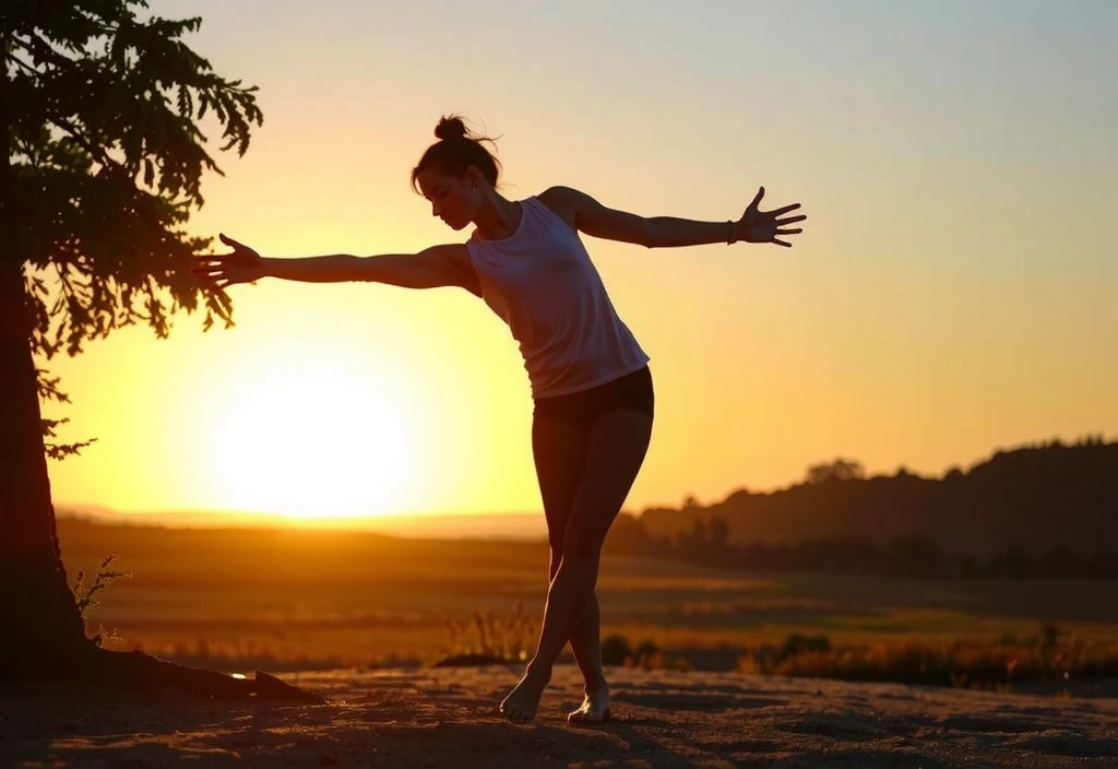 A person stretching gently outdoors at sunrise, symbolizing flexibility and new beginnings.