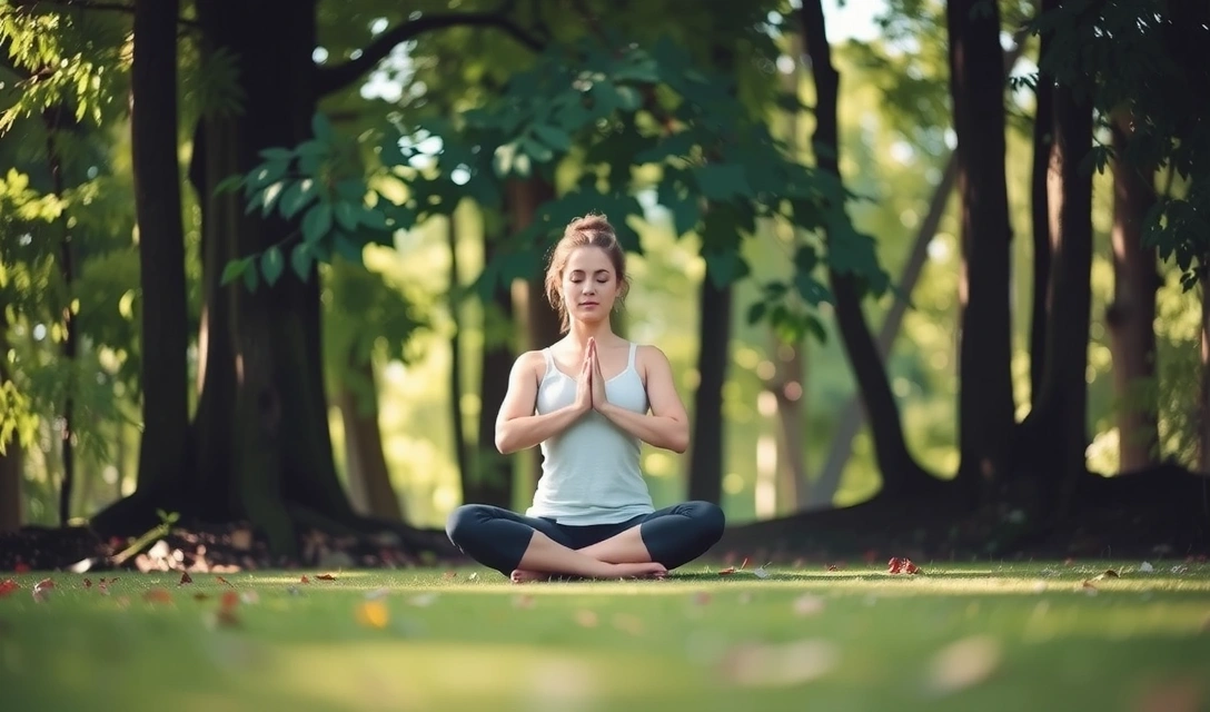 A person meditating in a serene, natural environment, symbolizing peace and wellness.