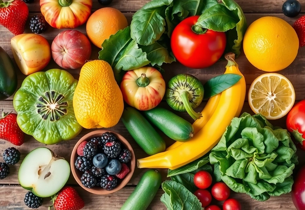 A variety of fresh, organic fruits and vegetables arranged artfully.