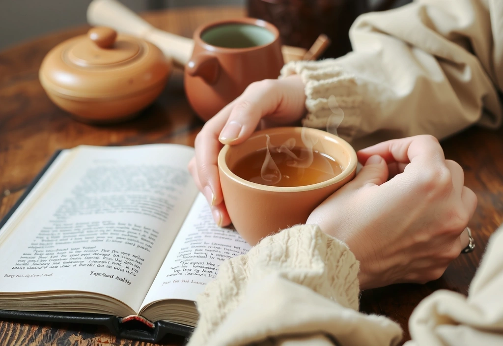 A person enjoying a quiet moment with a cup of herbal tea and a book.
