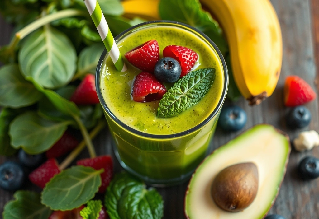 Close-up of a vibrant, healthy green smoothie with fresh ingredients.