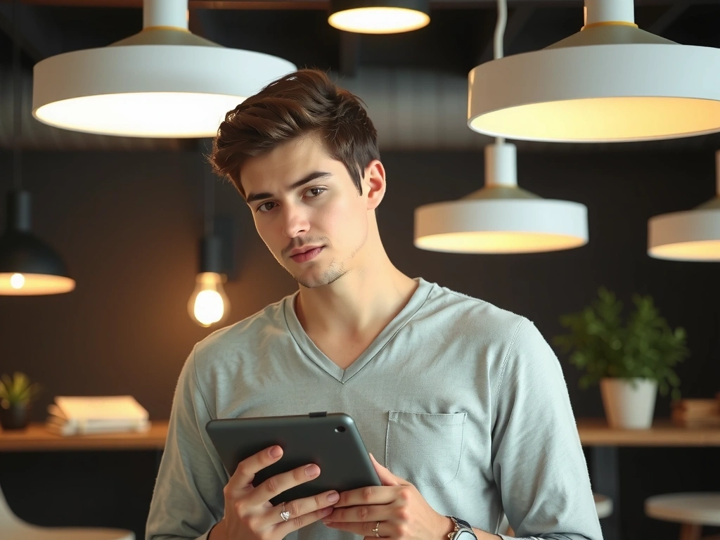 A person reading an article on a tablet, surrounded by modern lighting fixtures.