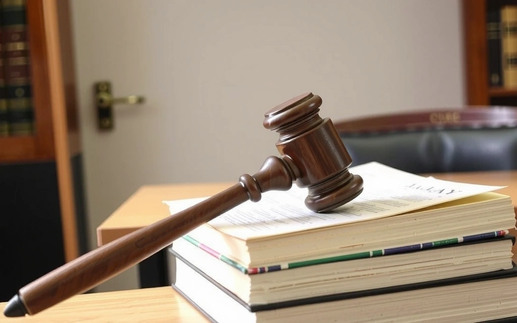 A gavel and legal books on a desk, symbolizing governing law and legal proceedings.